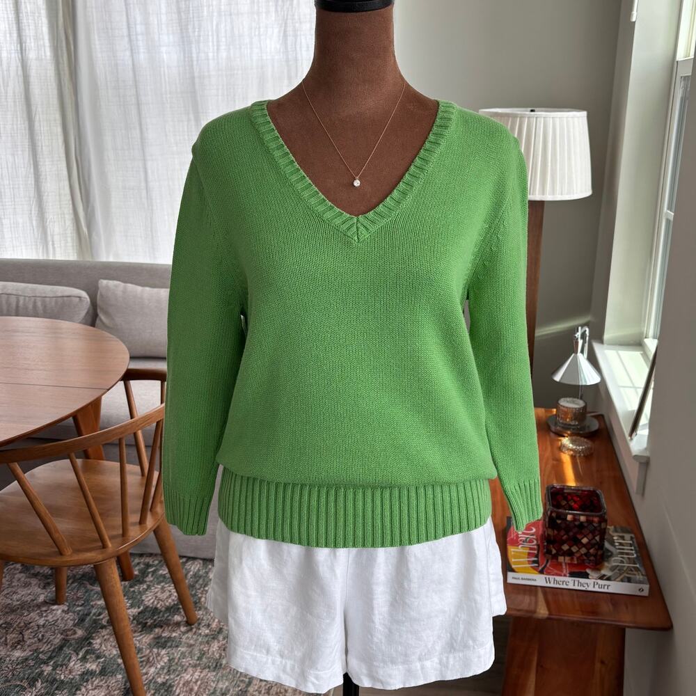 2000s Vintage Jeanne Pierre Green V-Neck 100% Cotton Sweater Summer Y2K Medium